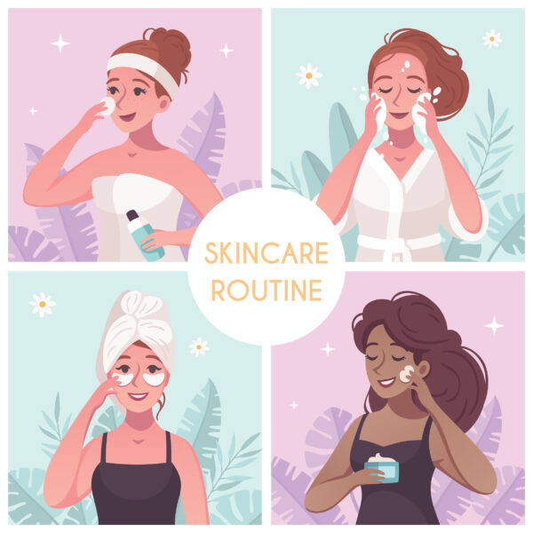 skincare,routine,concept,4,cartoon,compositions,square,with,woman,washing